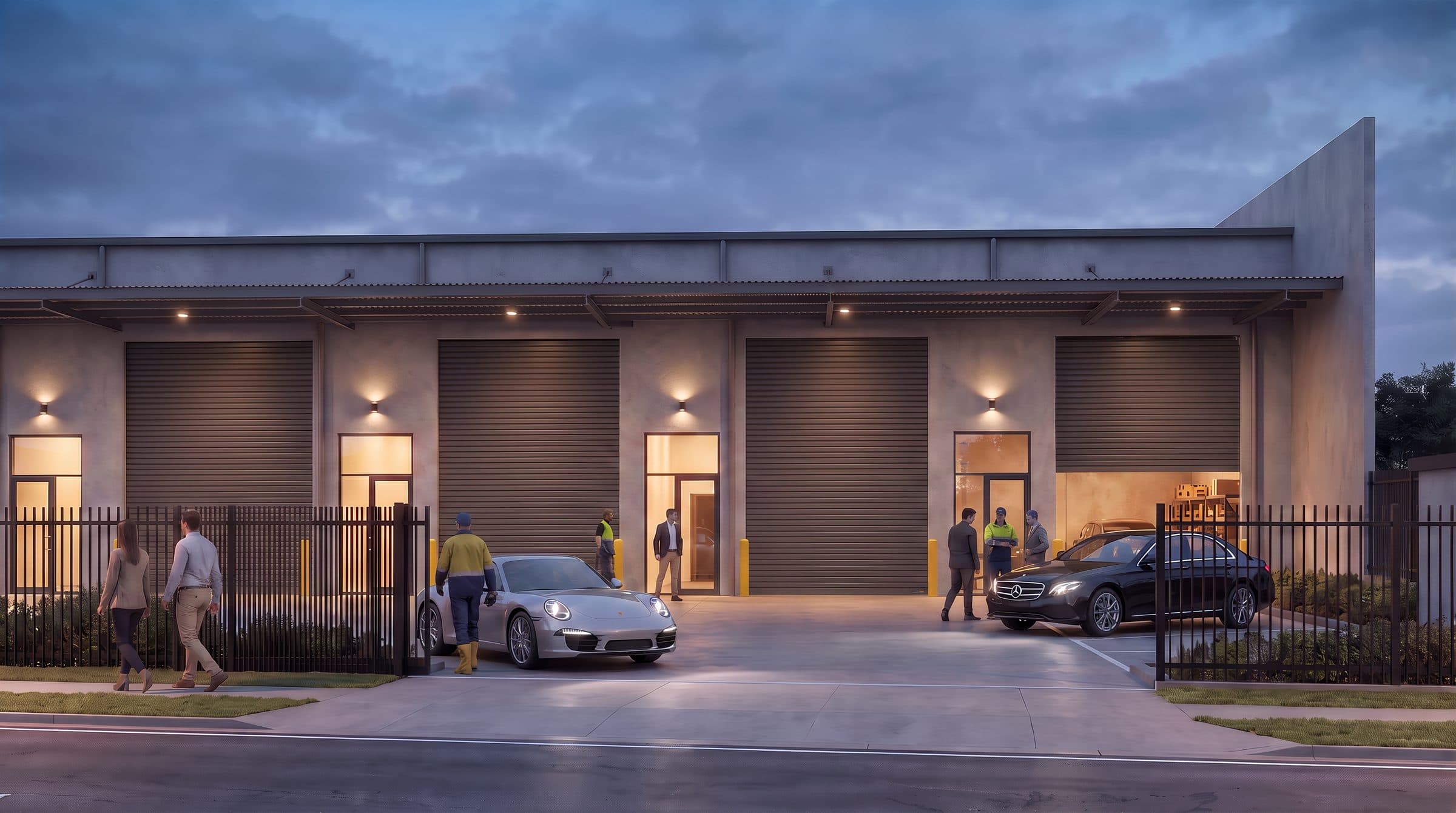 Artist's impression of the units at dusk with the roller doors lit