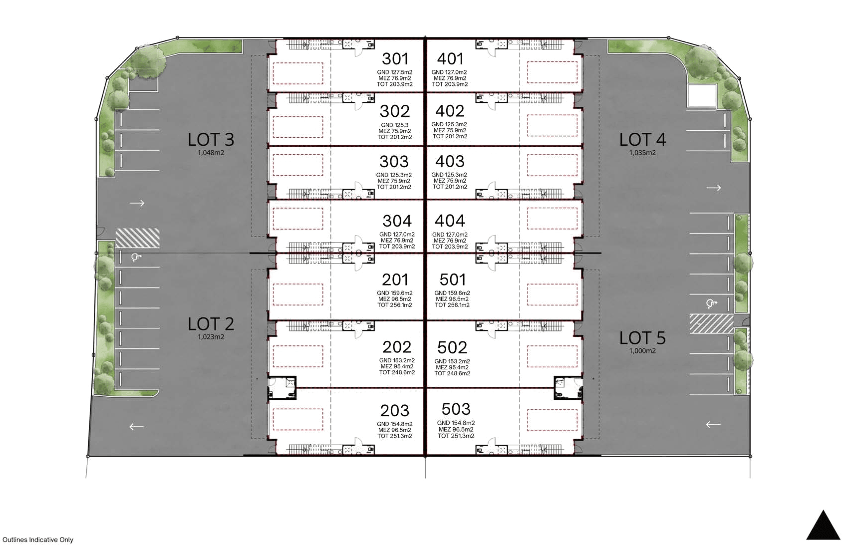 Site plan showing 14 units across four lots